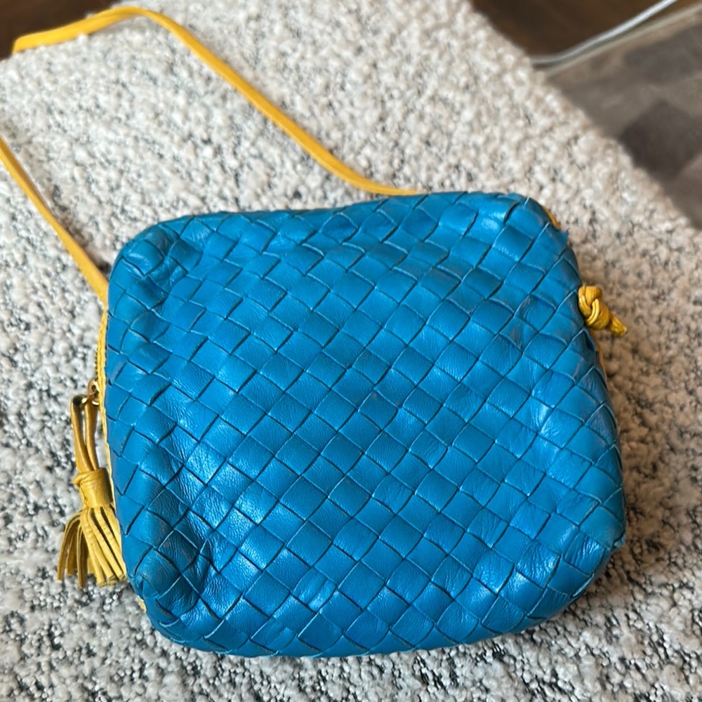 Blue and Yellow Woven Leather Crossbody Bag